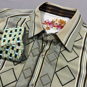 Robert Graham Geometric Striped Shirt in Green and Tan
